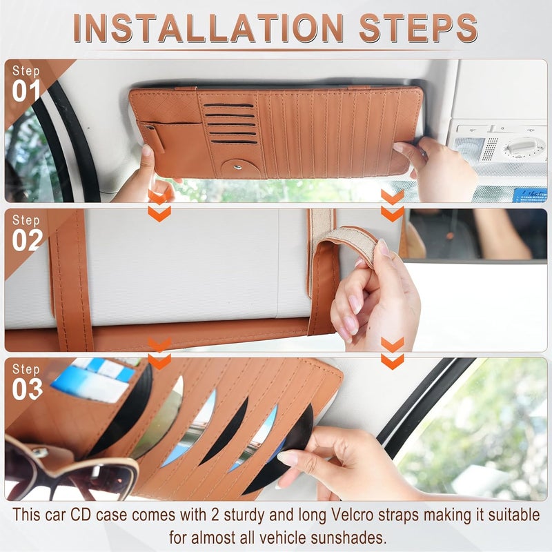 alpmosn Sun Visor CD Case Holder for Car - Multi-Function Visor Organizer with CD/DVD Storage, Eyeglass Clip, Card Slots & Pen Holder, Durable Leather Car Accessories (Orange) - Image 4